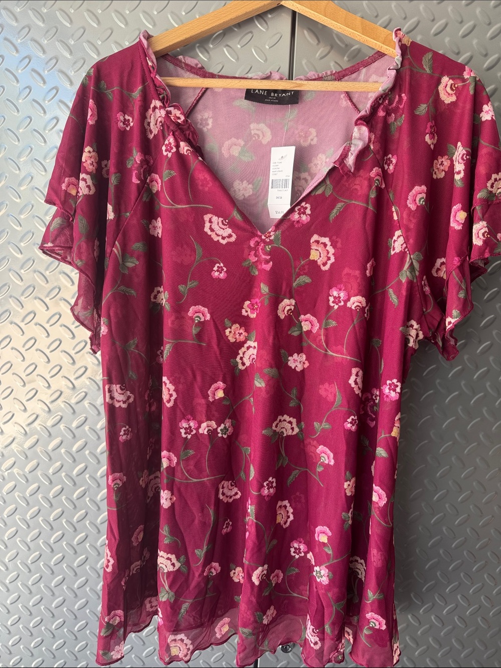 Lane Bryant Raspberry Floral V-Neck Flutter Sleeve Blouse